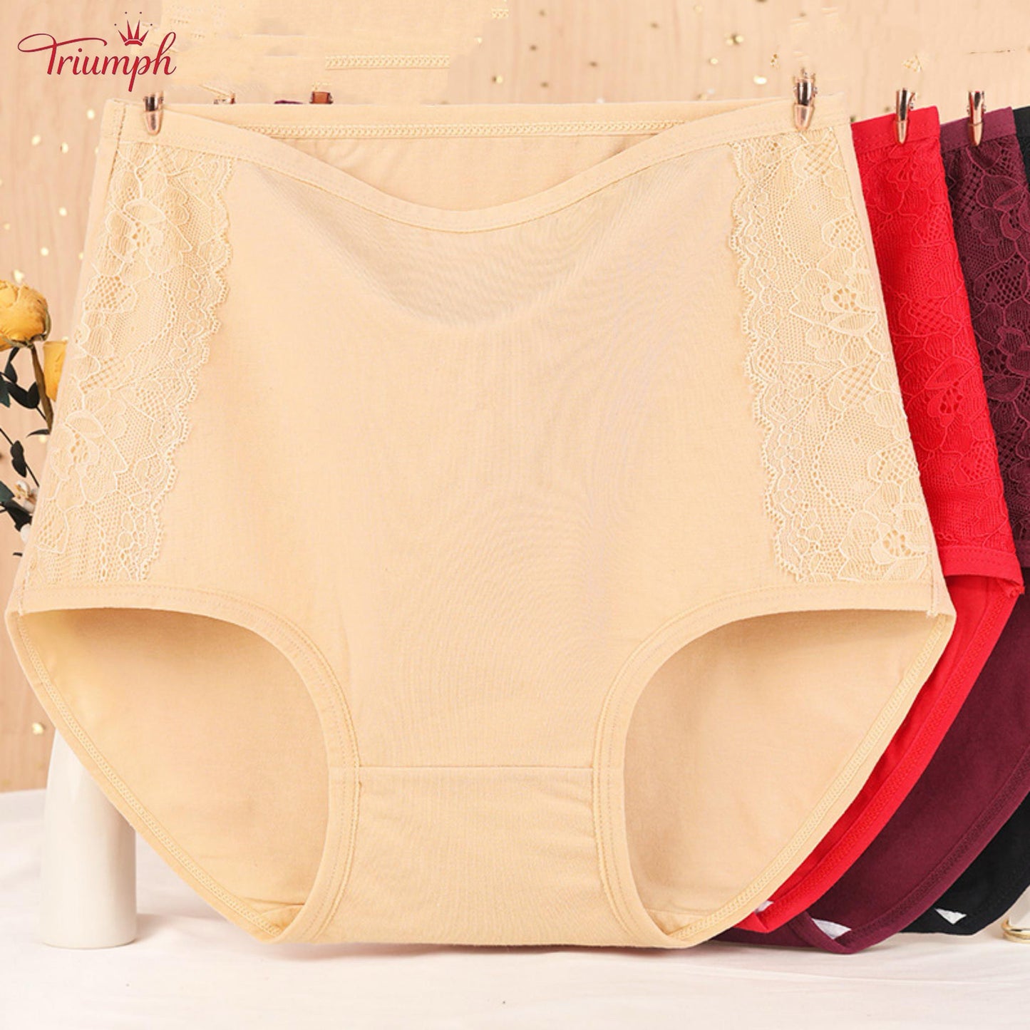 Triumph - Чифт от 4 памучни бикини с висока талия, безплатна доставка, контрол на корема и повдигане на дупето